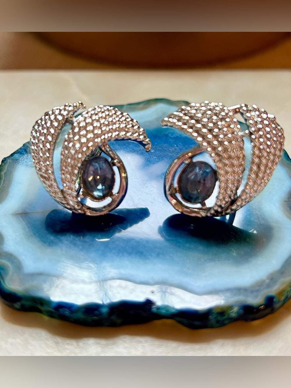 Vintage Blue Crystal Lucite Silver-tone Screw-back Earrings